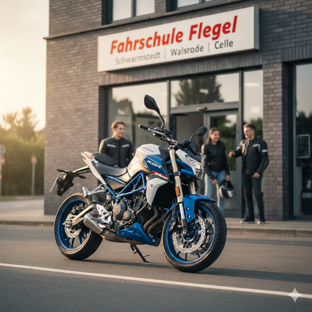 Ein modernes blau-weißes 125er Leichtkraftrad steht vor dem Gebäude der Fahrschule Flegel in Schwarmstedt bei Sonnenuntergang.