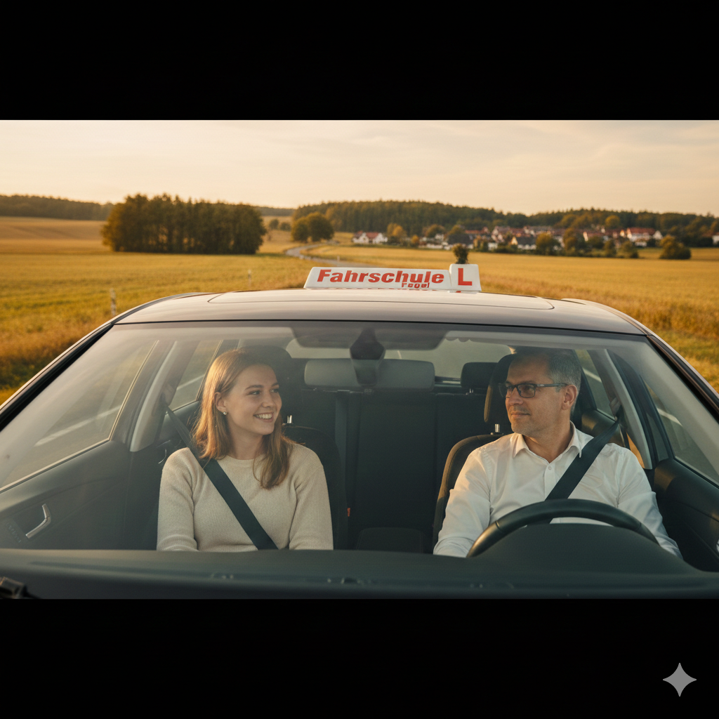 Eine junge Fahrerin und ihr Vater als Begleitperson lächeln sich während einer Übungsfahrt im Fahrschulauto der Fahrschule Flegel zu.