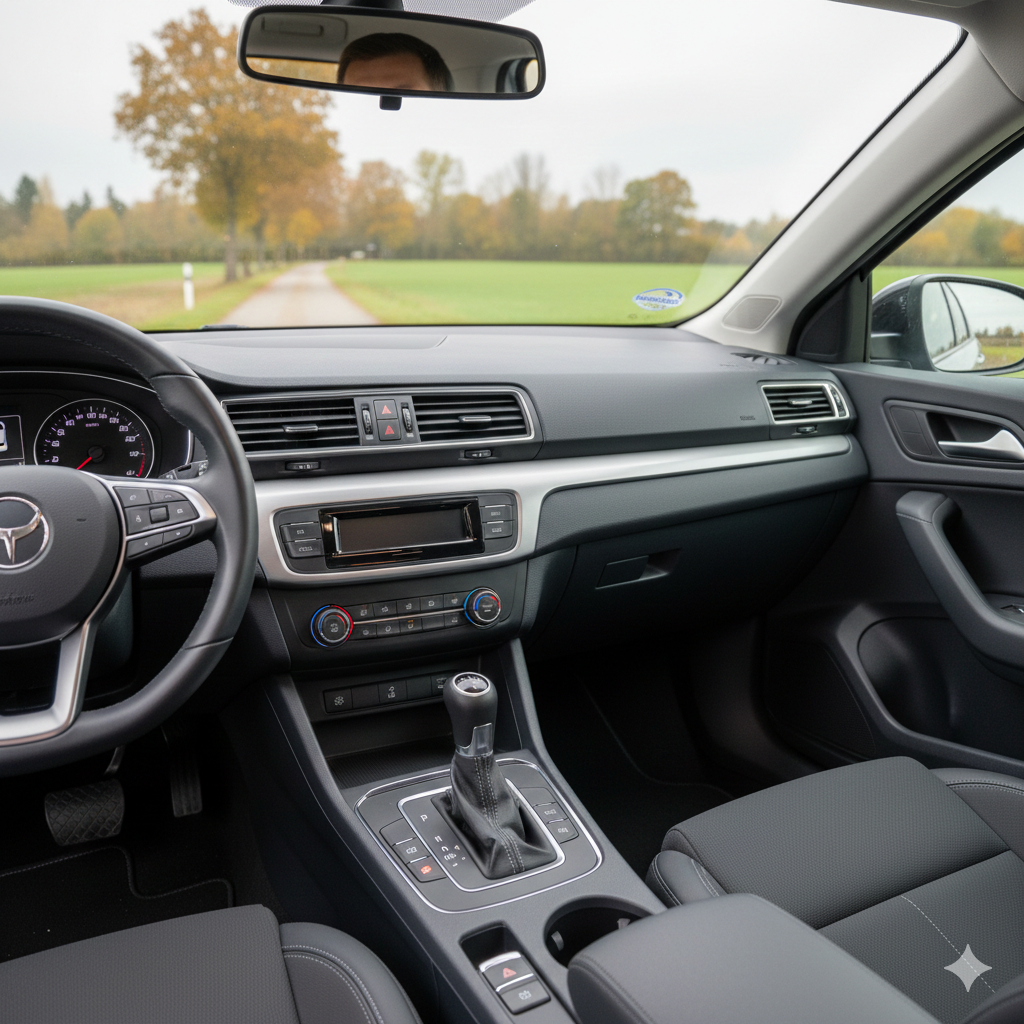 Innenraum eines modernen Fahrschulautos mit Fokus auf das Automatikgetriebe für die B197-Ausbildung bei der Fahrschule Flegel.