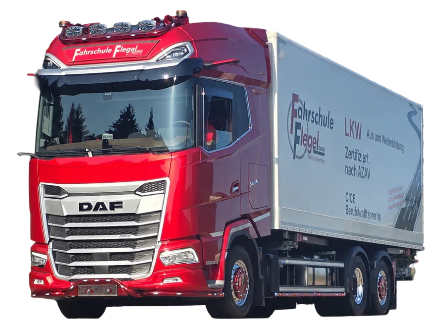 Roter Fahrschul-LKW der Fahrschule Flegel für die ADR-Ausbildung